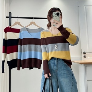 彩色配條小V領針織毛衣上衣 獨具衣格 J9893