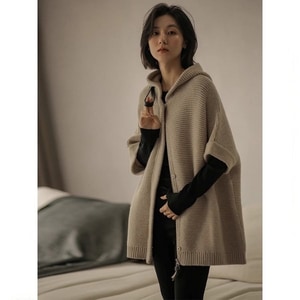 高級感針織連帽雙拉鍊落肩罩衫 獨具衣格 J9899