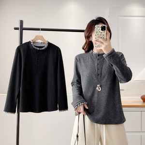 花邊滾邊半高領開襟長袖T桖上衣(XL-4L) 獨具衣格 J9905