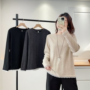 下擺蕾絲拼接圓領長袖上衣(2L-4L) 獨具衣格 J9907