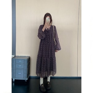 復古文藝風雪紡小碎花長袖洋裝 獨具衣格 J9915