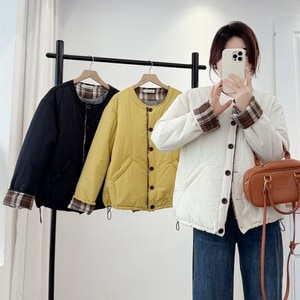 韓版袖口格紋拼接保暖鋪棉外套(XL-4L) 獨具衣格 J9917