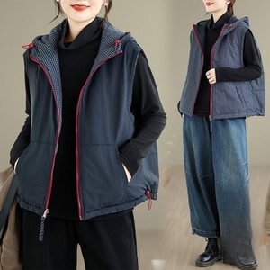 保暖兩面穿格紋連帽背心 獨具衣格 J9935