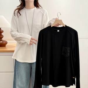 蕾絲口袋袖子造型設計長袖T桖上衣 獨具衣格 J9936