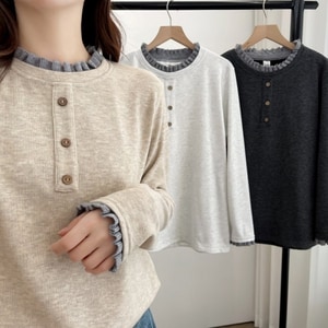 內搭保暖木耳邊扣子裝飾內搭T桖上衣 獨具衣格 J9939