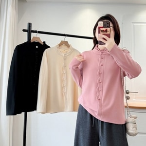 氣質款德絨排釦木耳邊長袖上衣 獨具衣格 J9952