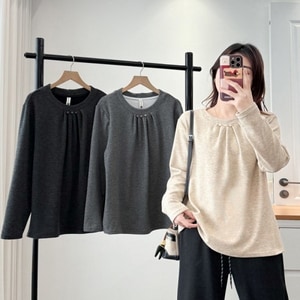 內刷毛領口珍珠裝飾長袖上衣 獨具衣格 J9956