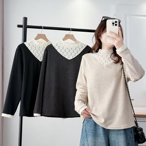 內刷毛半高領蕾絲長袖上衣 獨具衣格 J9957