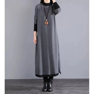 內刷毛撞色滾邊顯瘦長袖洋裝 獨具衣格 J9977