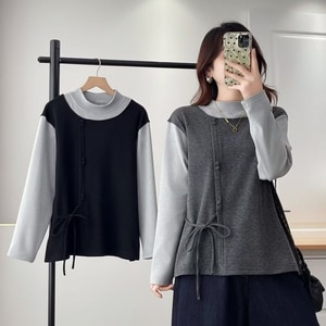 OL氣質款半高領假兩件蝴蝶結綁帶長袖上衣 獨具衣格 J9980