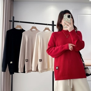 半高領針織下擺標籤設計中長版上衣 獨具衣格 J9987