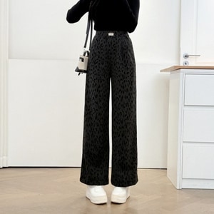 豹紋加絨加厚直筒鬆緊帶褲頭長褲 獨具衣格 J9992