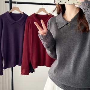 韓系小反領袖口蕾絲拼接針織長袖上衣 獨具衣格 J9997