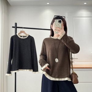 荷葉邊拼接柔軟內搭上衣長袖上衣 獨具衣格 J9998