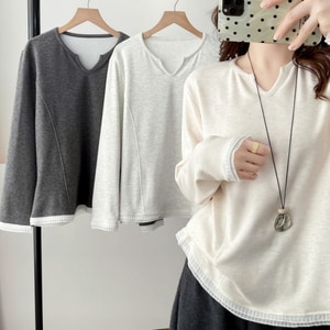 小V領蕾絲拼接內搭長袖上衣 獨具衣格 J9999