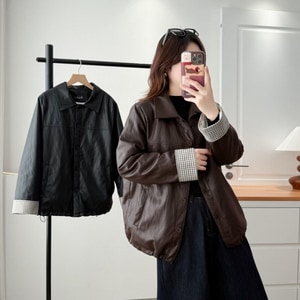 超保暖內刷毛格紋拼接皮外套 獨具衣格 C0001