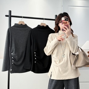 半高領顯瘦釦子腰線設計長袖內搭上衣 獨具衣格 C0005