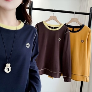 雙面絨笑臉刺繡撞色滾邊長袖T桖上衣 獨具衣格 C0006