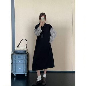 設計款襯衫袖口假兩件拼接長袖洋裝 獨具衣格 C0021