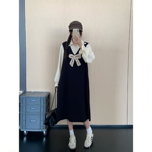 超可愛立體蝴蝶結假兩件長袖洋裝 獨具衣格 C0022