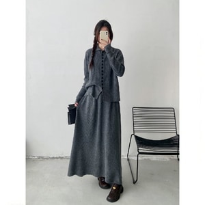 氣質款顯瘦小反領針織套裝(上衣+長裙) 獨具衣格 C0024