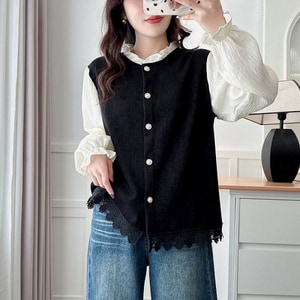 復古木耳邊下擺蕾絲拼接長袖上衣 獨具衣格 C0028