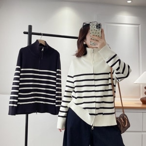 高領雙拉鍊配條長袖針織上衣 獨具衣格 C0033