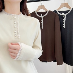 甜美蕾絲花邊珍珠釦內搭長袖上衣 獨具衣格 C0034