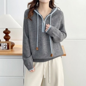 撞色滾邊設計拉鍊連帽針織長袖上衣 獨具衣格 C0038