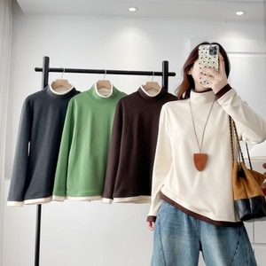 保暖德絨假兩件撞色高領內搭長袖上衣 獨具衣格 C0046