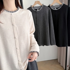 木耳邊包釦假兩件設計長袖上衣 獨具衣格 C0047