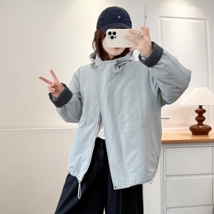 連帽保暖袖口格子拼接風衣鋪棉外套 獨具衣格 C0049