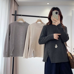 保暖內刷毛下擺開岔扣子裝飾長袖上衣 獨具衣格 C0059