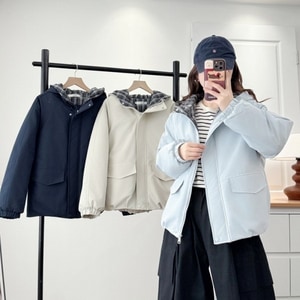 格紋連帽拼接加厚鋪棉風衣外套 獨具衣格 C0068