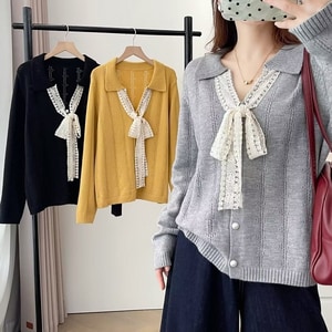 蕾絲領珍珠釦開襟顯瘦毛衣上衣 獨具衣格 C0072