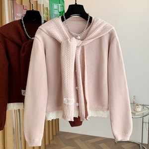 甜美蕾絲拼接愛心釦披肩針織毛衣上衣 獨具衣格 C0075