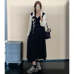 立體花朵設計假兩件長洋裝 獨具衣格 C0085