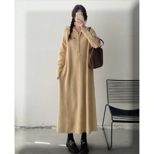 拉鍊小翻領韓系針織長洋裝 獨具衣格 C0086