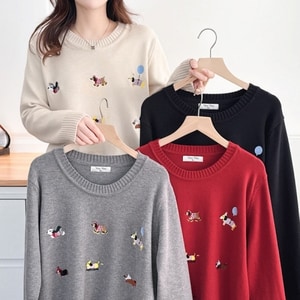 狗狗刺繡圓領百搭針織毛衣上衣 獨具衣格 C0093