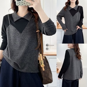 韓系保暖內刷毛假兩件襯衫領長袖上衣 獨具衣格 C0095