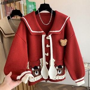 超可愛熊熊緹花反領針織長袖上衣 獨具衣格 C0105