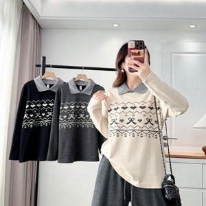 蝴蝶結印花反領內刷薄絨長袖上衣 獨具衣格 C0114