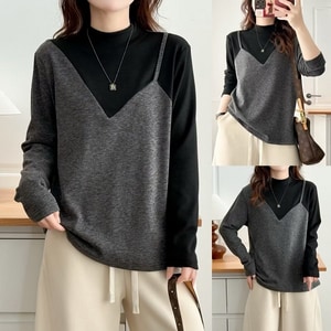 韓系內刷毛半高領假兩件長袖上衣 獨具衣格 C0119