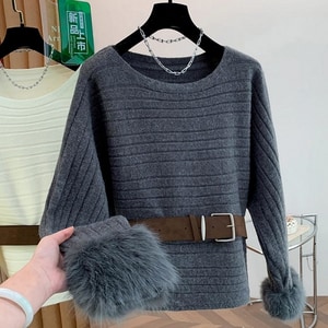 高級慵懶風毛毛拼接皮腰帶針織上衣 獨具衣格 C0125