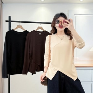 經典素色不規則下擺顯瘦長袖上衣 獨具衣格 C0146