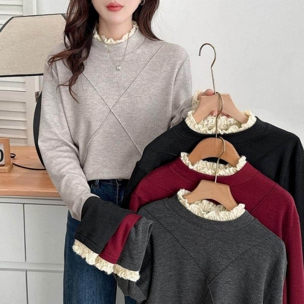 內刷毛蕾絲荷葉滾邊內搭長袖上衣 C0155