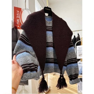 高級感配條流蘇領巾針織毛衣上衣(上衣+領巾) 獨具衣格 C0158