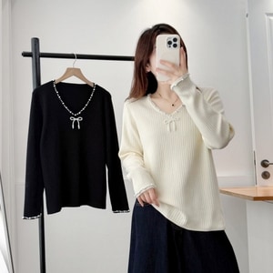 輕奢珍珠V領蝴蝶結針織顯瘦上衣 獨具衣格 C0170