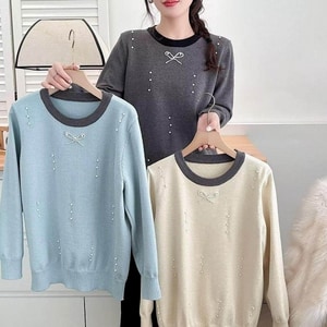 甜美撞色領蝴蝶結珍珠針織上衣 獨具衣格 C0175