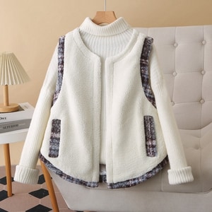 保暖可愛格紋滾邊毛絨絨背心 獨具衣格 C0182